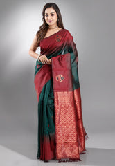 Bottle Green with Maroon Border Kanjivaram Silk Saree With Blouse Piece