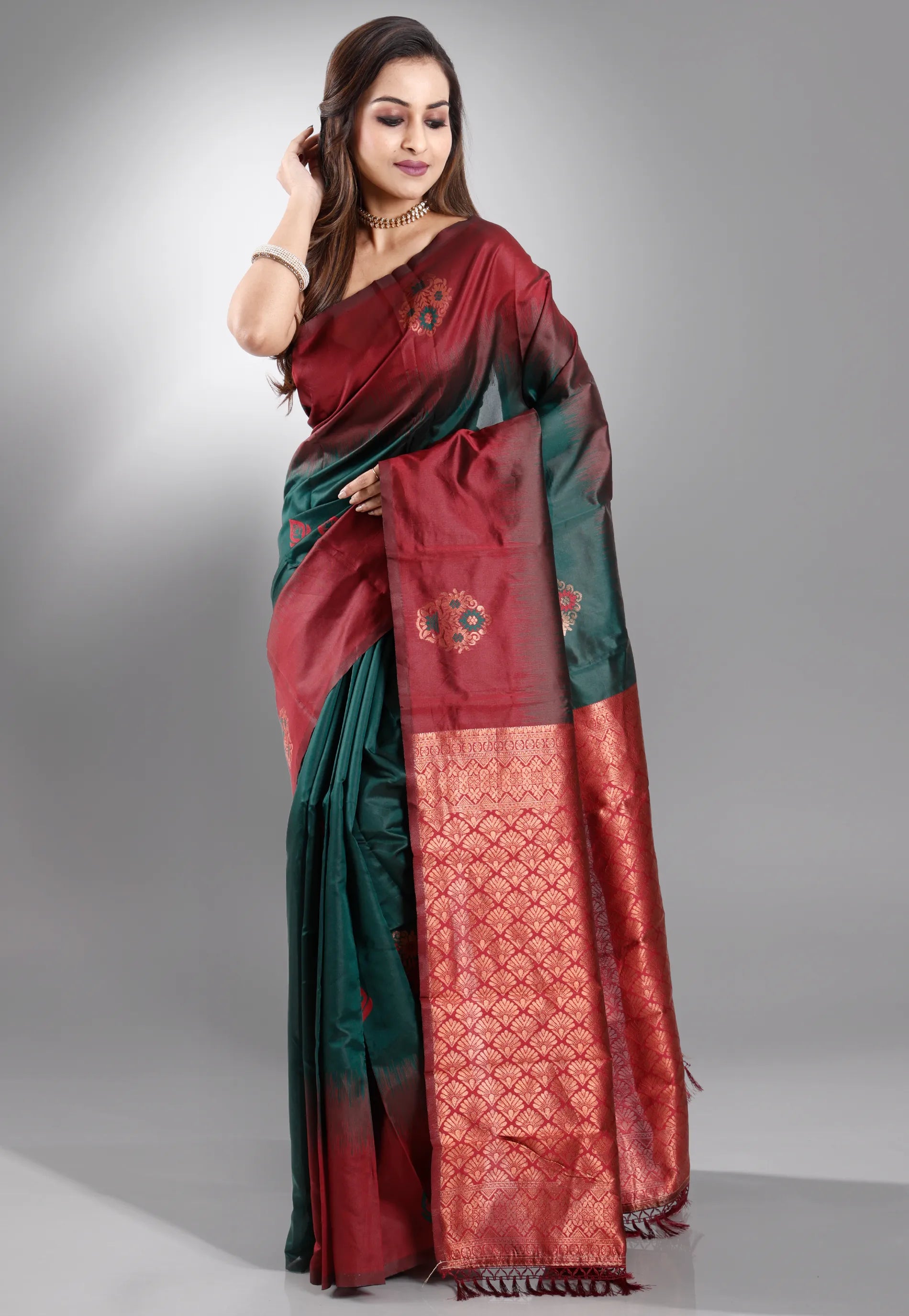 Bottle Green with Maroon Border Kanjivaram Silk Saree With Blouse Piece