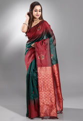 Bottle Green with Maroon Border Kanjivaram Silk Saree With Blouse Piece