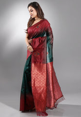 Bottle Green with Maroon Border Kanjivaram Silk Saree With Blouse Piece