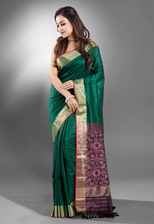 Bottle Green Ikkat Silk Saree With Blouse Piece