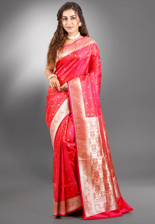 Rani Pink Wedding Pashmina Banarasi Silk Saree with Blouse Piece