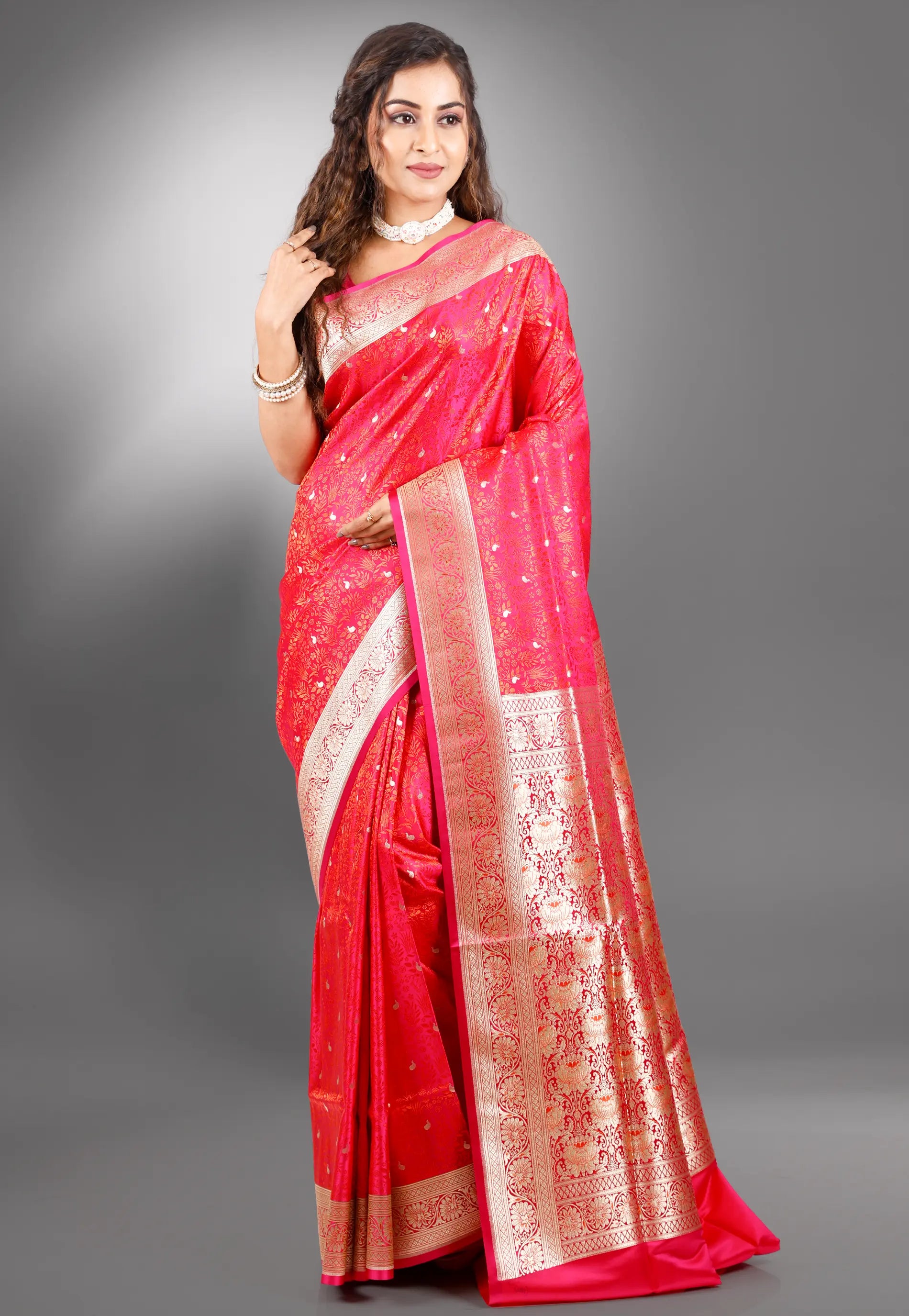 Rani Pink Wedding Pashmina Banarasi Silk Saree with Blouse Piece