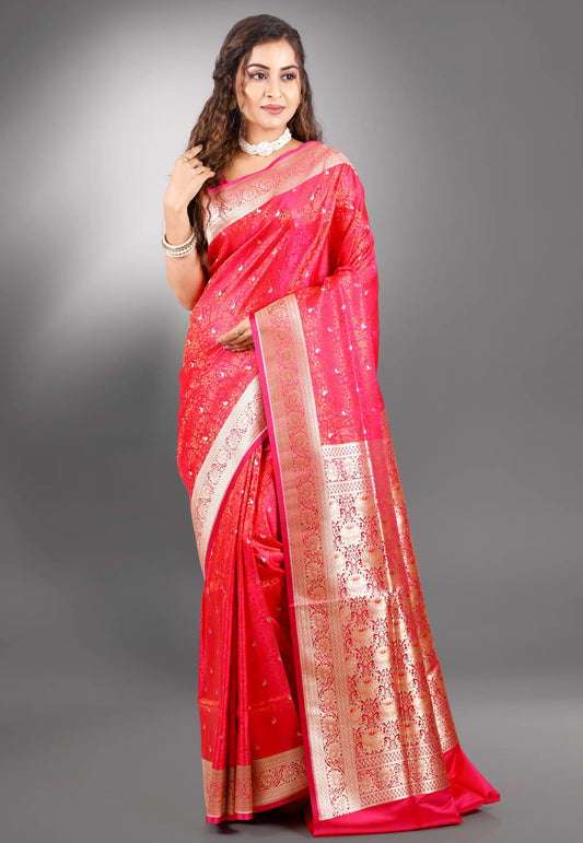 Rani Pink Wedding Pashmina Banarasi Silk Saree with Blouse Piece