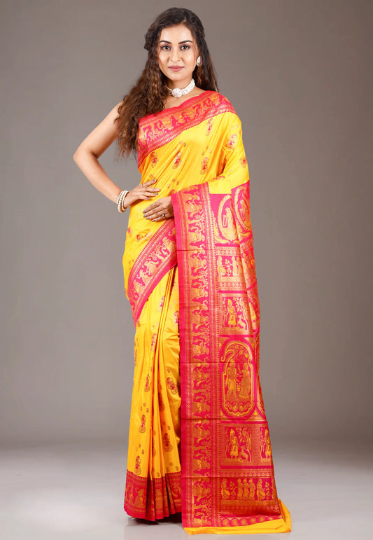 Yellow with Red Border Baluchari Silk Saree with Blouse Piece