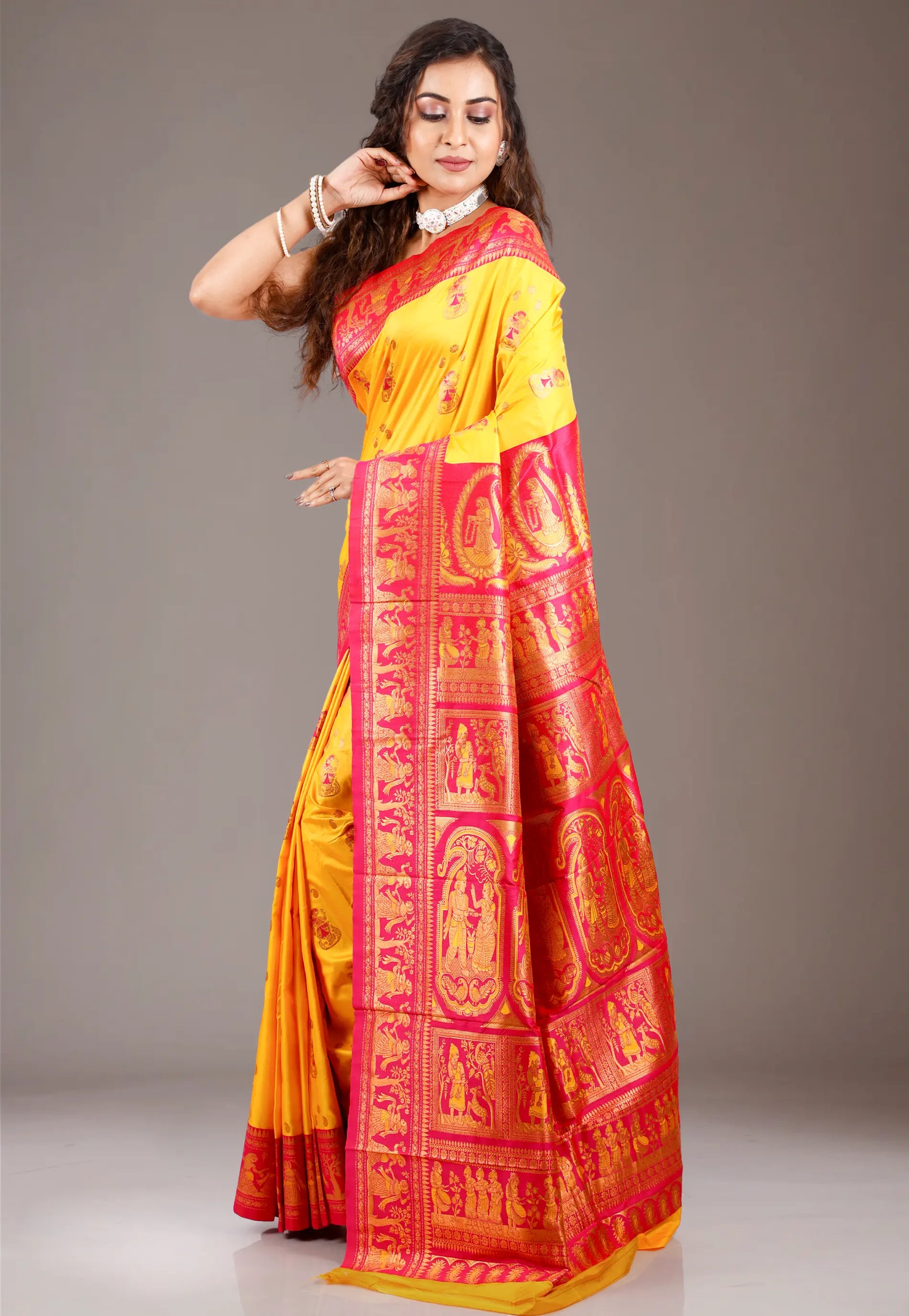 Yellow with Red Border Baluchari Silk Saree with Blouse Piece