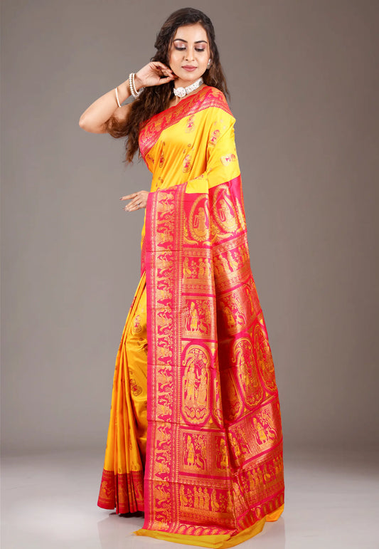 Yellow with Red Border Baluchari Silk Saree with Blouse Piece