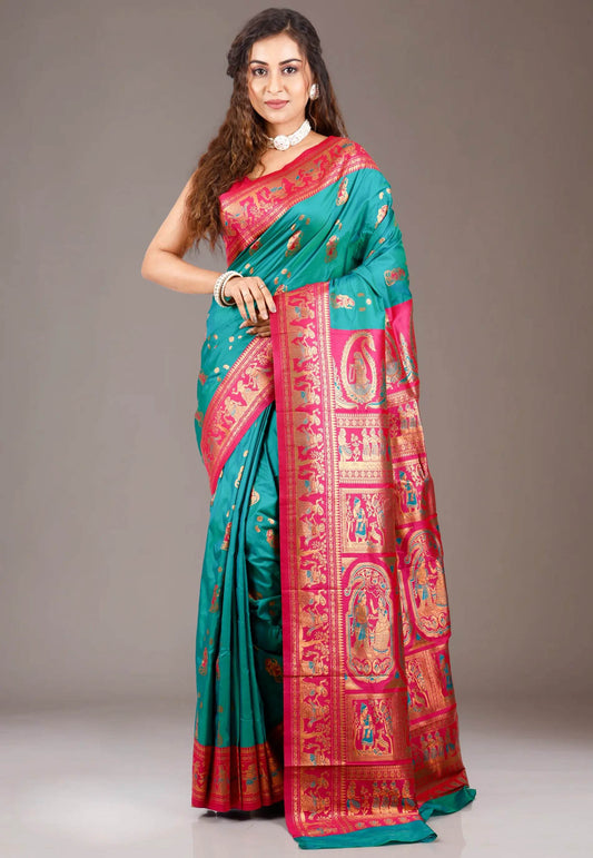 Rama Green with Red Border Baluchari Silk Saree with Blouse Piece - Adi Akshoy & Co.