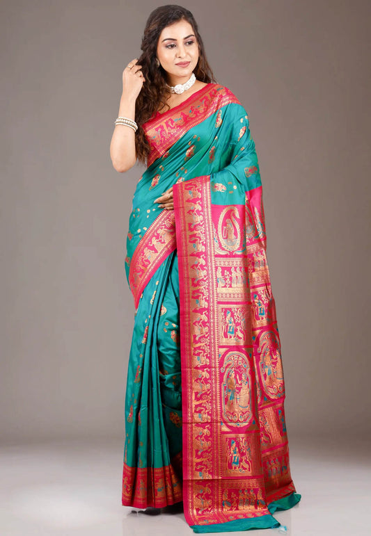 Rama Green with Red Border Baluchari Silk Saree with Blouse Piece - Adi Akshoy & Co.