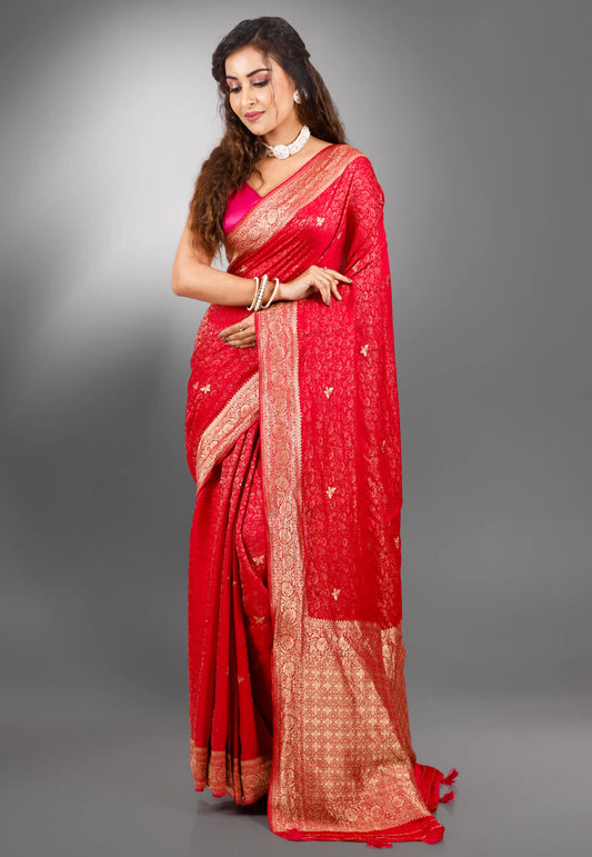 Red Mashru Silk Saree with Blouse Piece