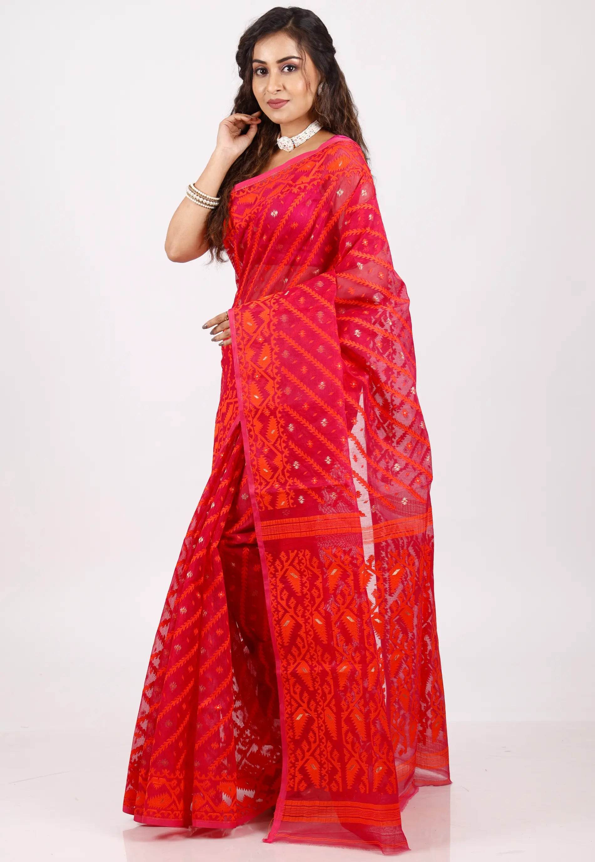 Red Dhakai Jamdani Cotton Saree without Blouse Piece - Adi Akshoy & Co.