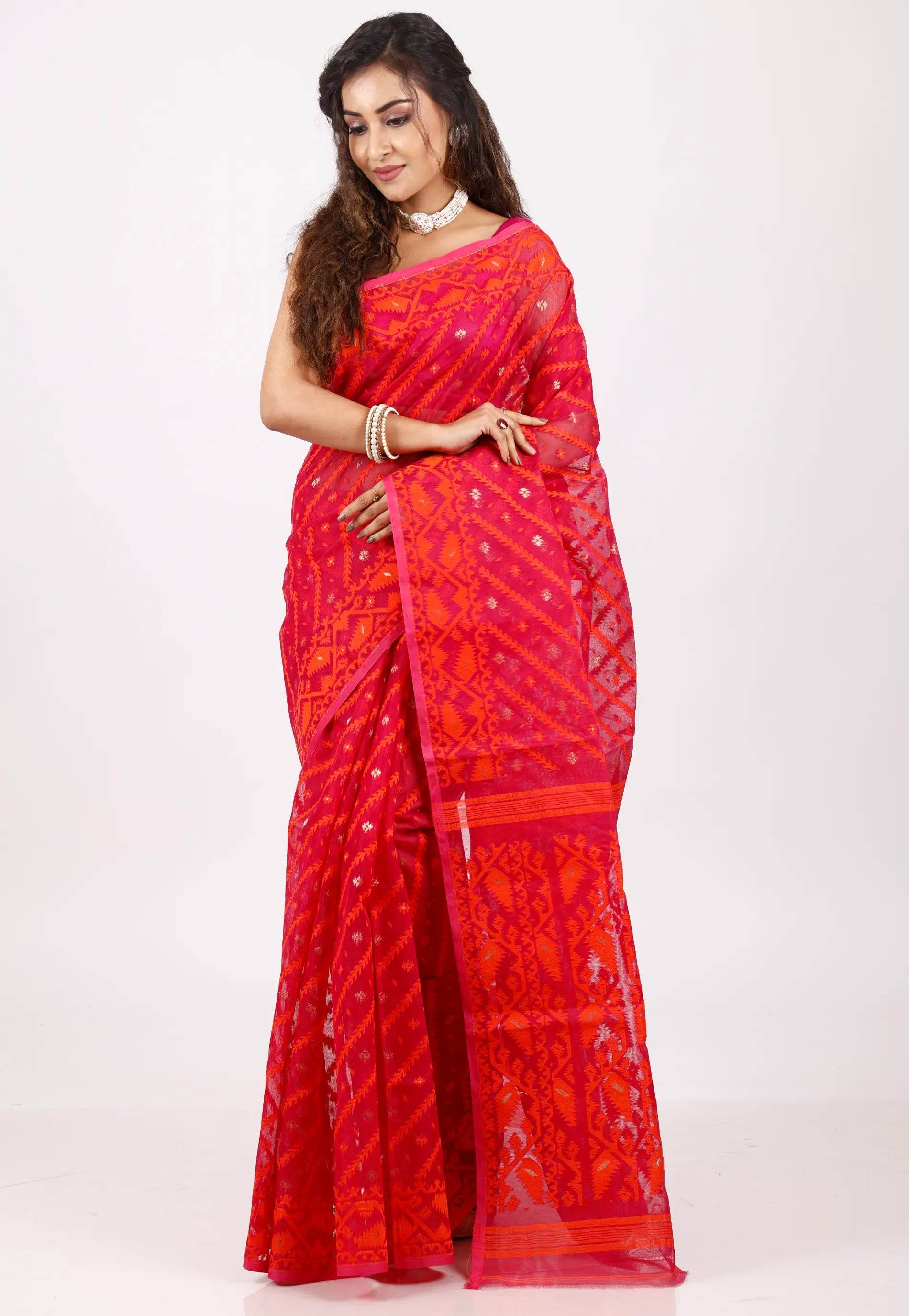 Red Dhakai Jamdani Cotton Saree without Blouse Piece - Adi Akshoy & Co.
