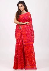 Red Dhakai Jamdani Cotton Saree without Blouse Piece - Adi Akshoy & Co.