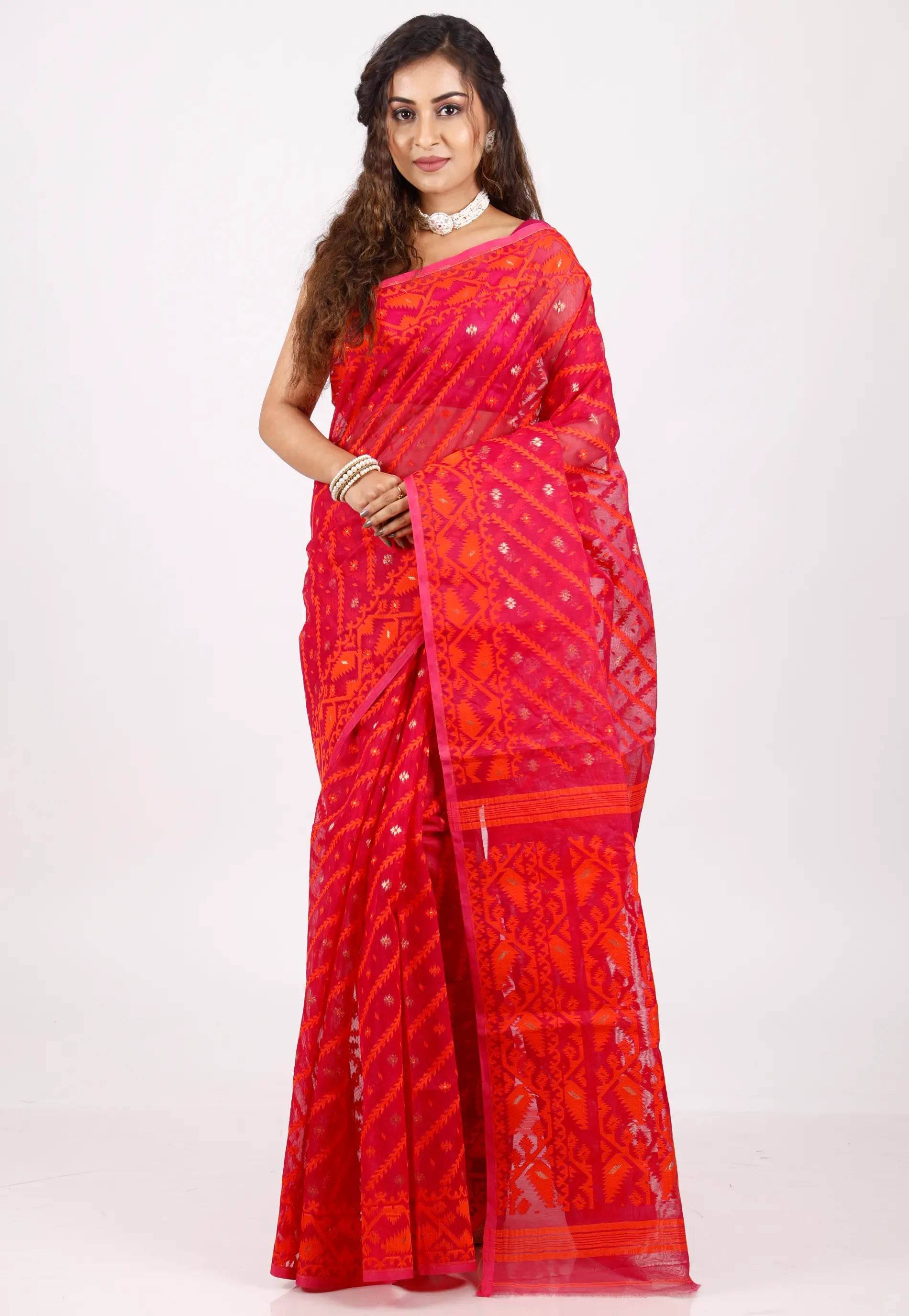 Red Dhakai Jamdani Cotton Saree without Blouse Piece - Adi Akshoy & Co.