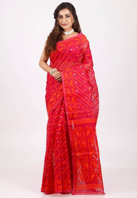 Red Dhakai Jamdani Cotton Saree without Blouse Piece - Adi Akshoy & Co.