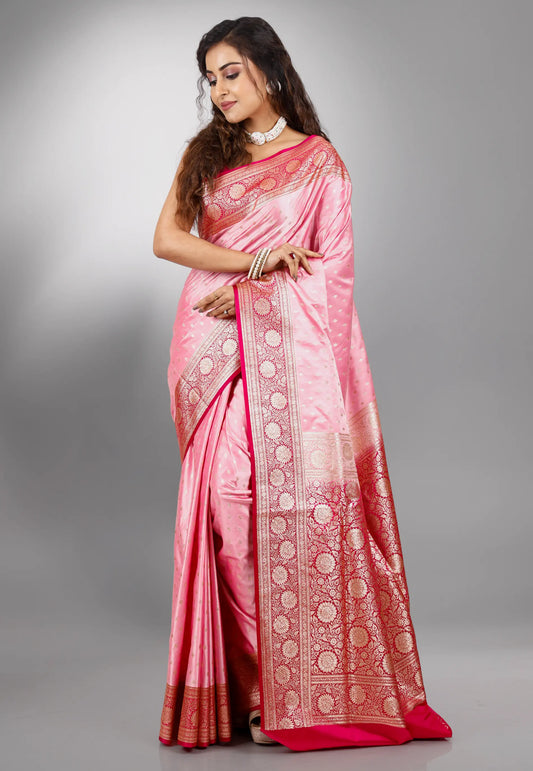 Pink Pastel Banarasi Silk Saree With Blouse Piece