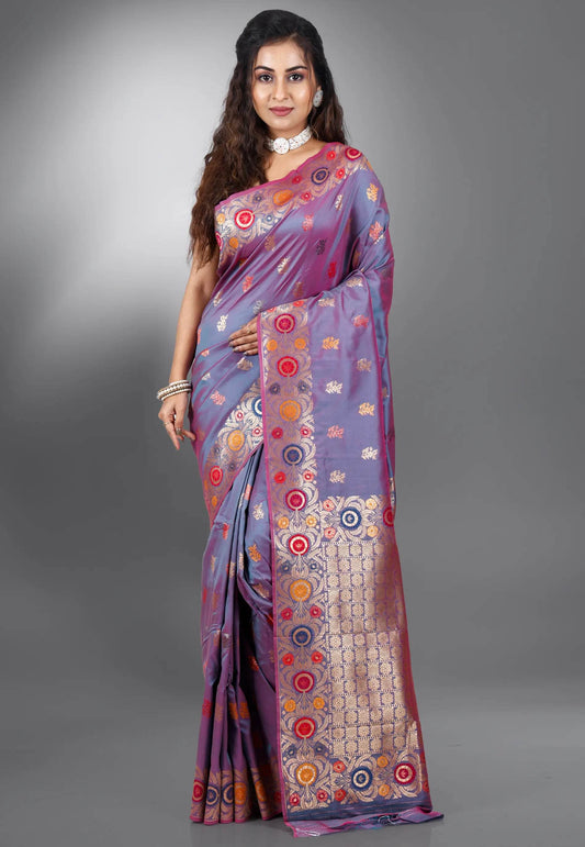 Dual Shades of Purple Minakari Kanjivaram Silk Saree With Blouse Piece - Adi Akshoy & Co.