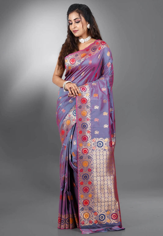 Dual Shades of Purple Minakari Kanjivaram Silk Saree With Blouse Piece - Adi Akshoy & Co.
