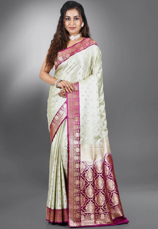 Pastel Green with Rani Border Benarasi Saree with Blouse Piece - Adi Akshoy & Co.