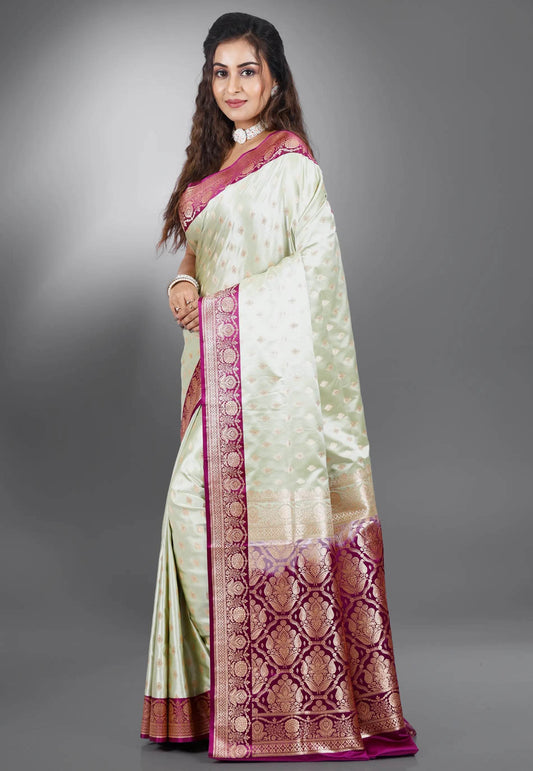 Pastel Green with Rani Border Benarasi Saree with Blouse Piece - Adi Akshoy & Co.