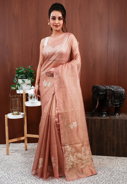 Peach Tissue Embroidery Saree with Blouse Piece