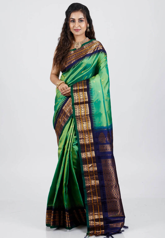 Ramma Green with Blue Border Gadwal Pure Silk Saree With Blouse Piece - Adi Akshoy & Co.