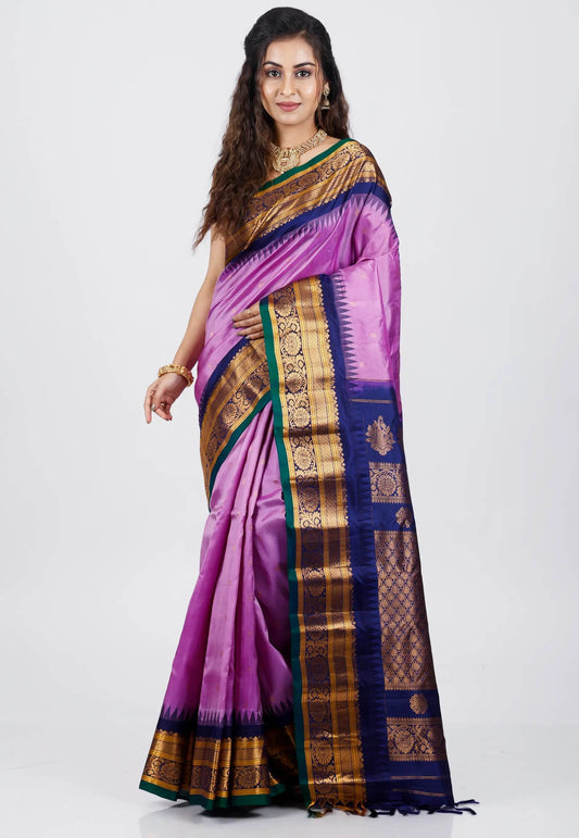 Purple with Blue Border Gadwal Pure Silk Saree With Blouse Piece - Adi Akshoy & Co.