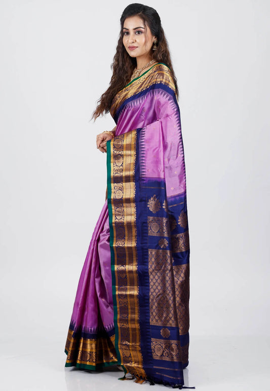 Purple with Blue Border Gadwal Pure Silk Saree With Blouse Piece - Adi Akshoy & Co.