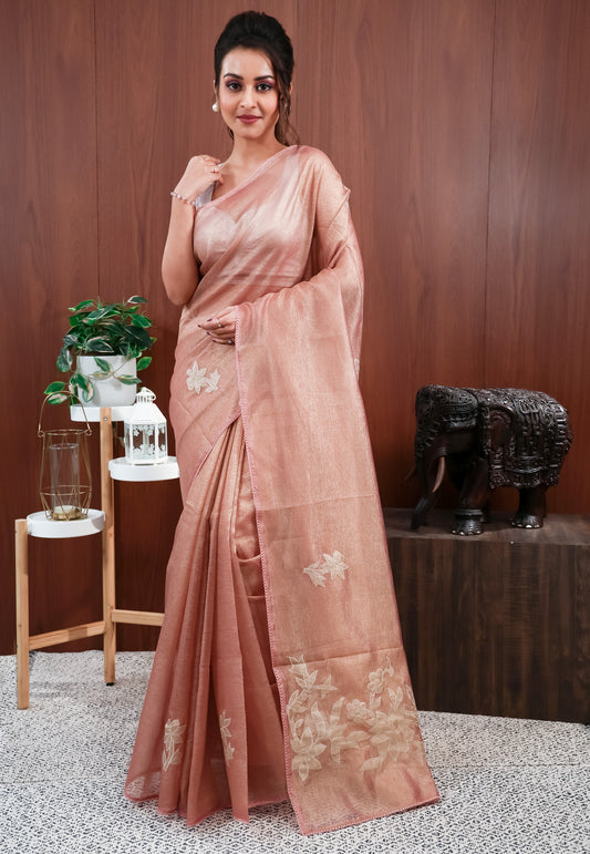 Peach Tissue Embroidery Saree with Blouse Piece