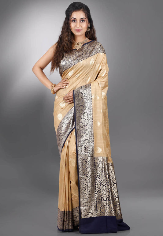 Beige Tussar Silk Saree with Blouse Piece - Adi Akshoy & Co.