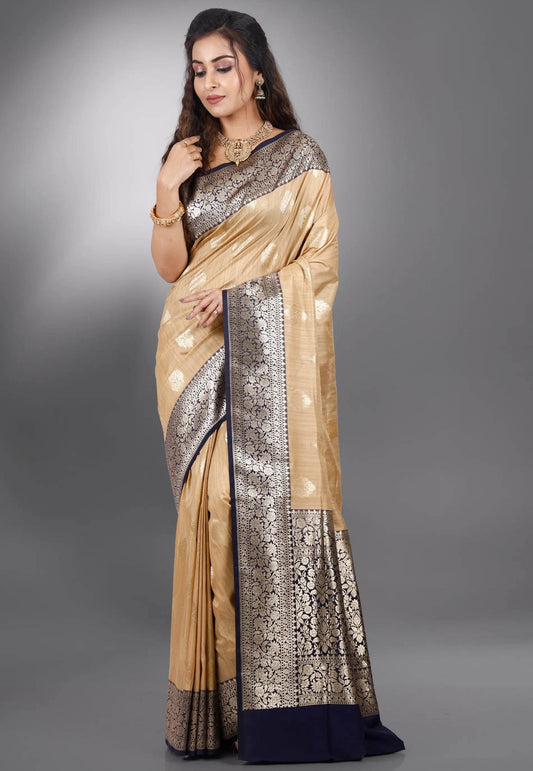 Beige Tussar Silk Saree with Blouse Piece - Adi Akshoy & Co.