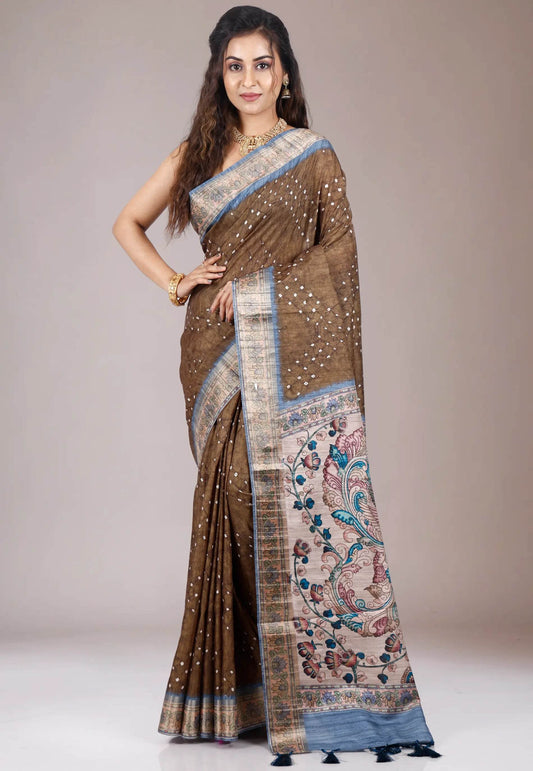 Brown Tussar Silk Saree with Blouse Piece - Adi Akshoy & Co.