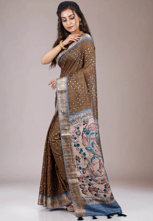 Brown Tussar Silk Saree with Blouse Piece - Adi Akshoy & Co.