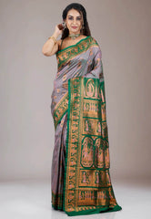 Cross Grey Baluchari with Green Border Silk Saree with Blouse Piece - Adi Akshoy & Co.