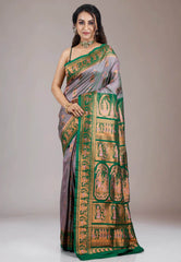 Cross Grey Baluchari with Green Border Silk Saree with Blouse Piece - Adi Akshoy & Co.
