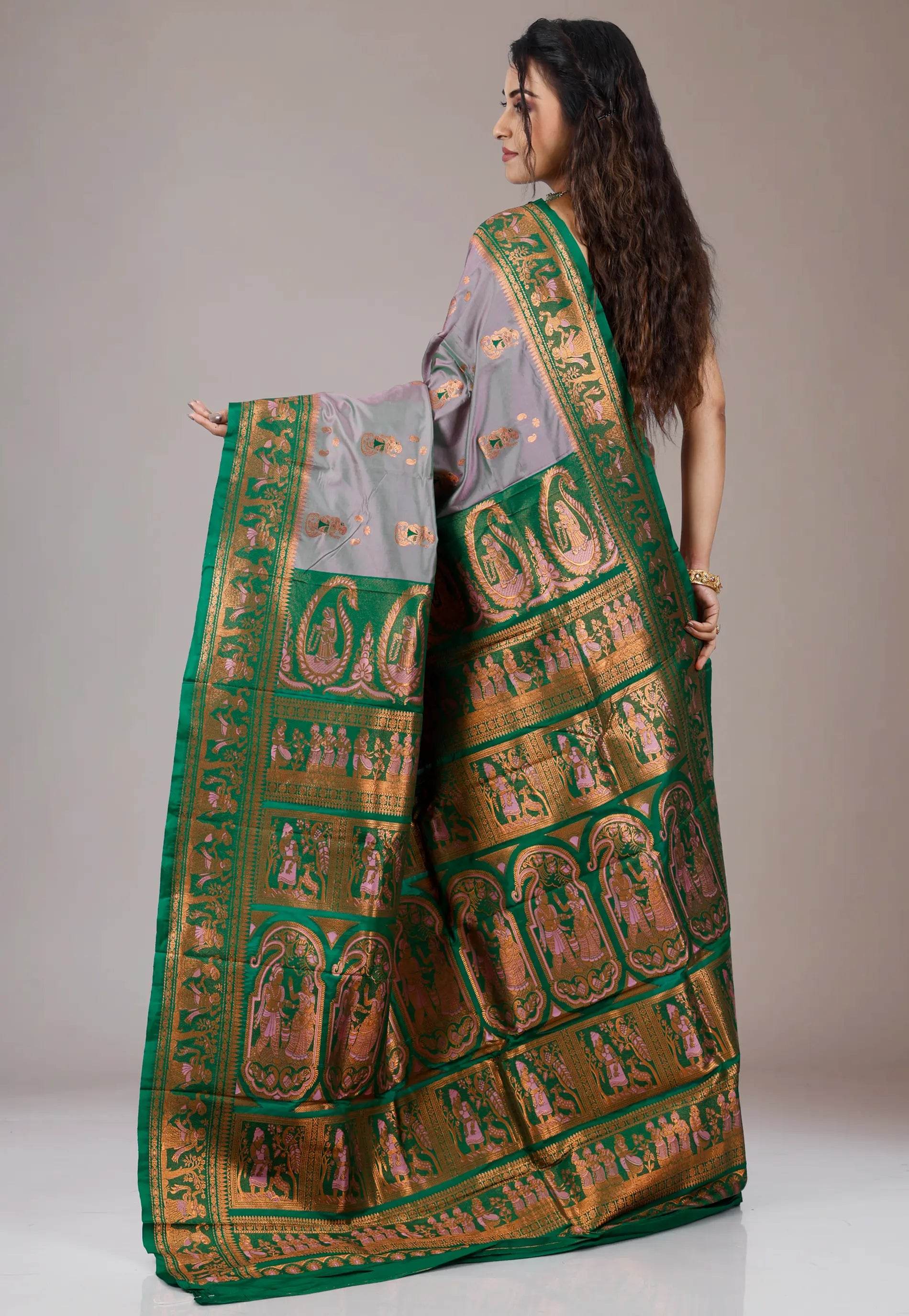 Cross Grey Baluchari with Green Border Silk Saree with Blouse Piece - Adi Akshoy & Co.