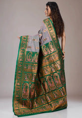 Cross Grey Baluchari with Green Border Silk Saree with Blouse Piece - Adi Akshoy & Co.