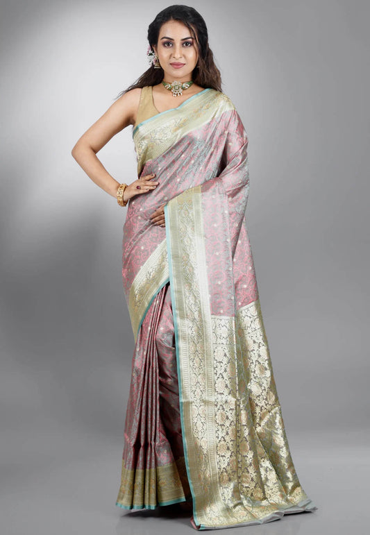 Dual Shades of Pink & Sea Green Wedding Banarasi Silk Saree with Blouse Piece - Adi Akshoy & Co.