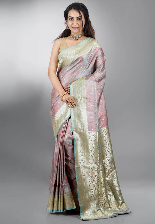Dual Shades of Pink & Sea Green Wedding Banarasi Silk Saree with Blouse Piece - Adi Akshoy & Co.