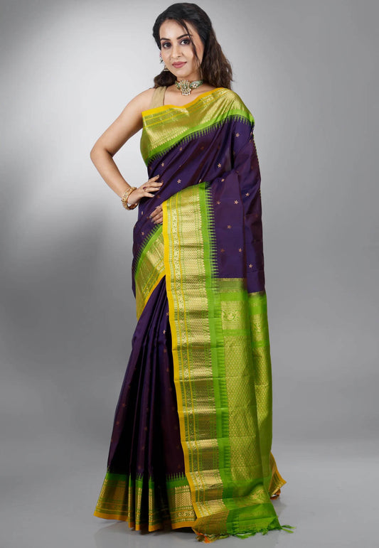Navy Blue with Green Border Gadwal Pure Silk Saree With Blouse Piece - Adi Akshoy & Co.
