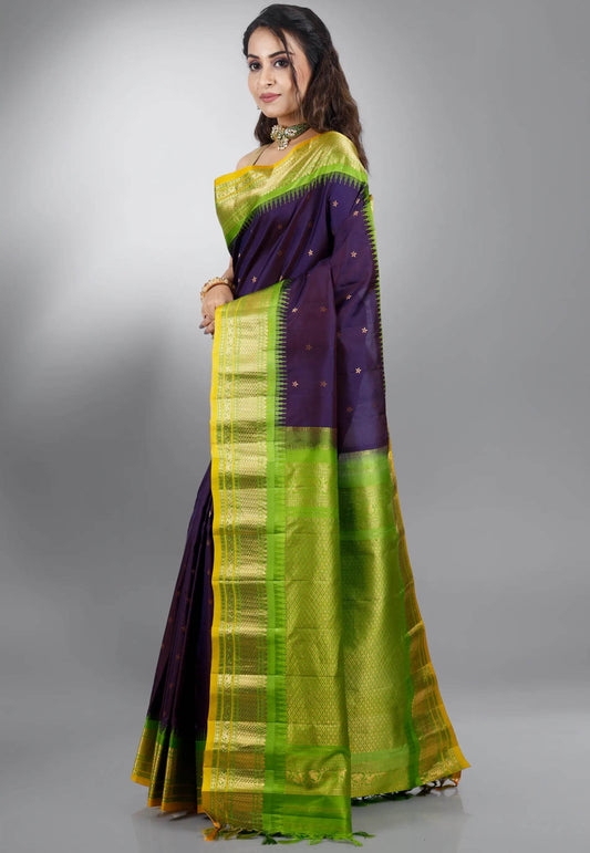 Navy Blue with Green Border Gadwal Pure Silk Saree With Blouse Piece - Adi Akshoy & Co.