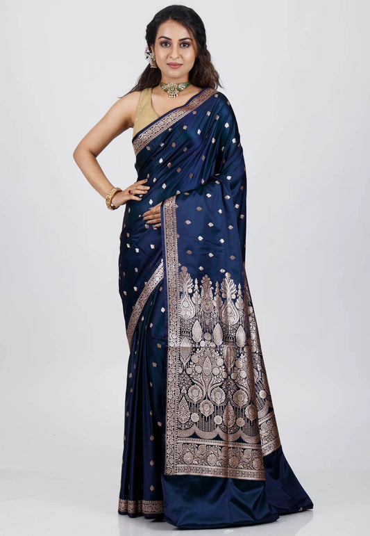 Navy Blue Wedding Banarasi Silk Saree with Blouse Piece - Adi Akshoy & Co.