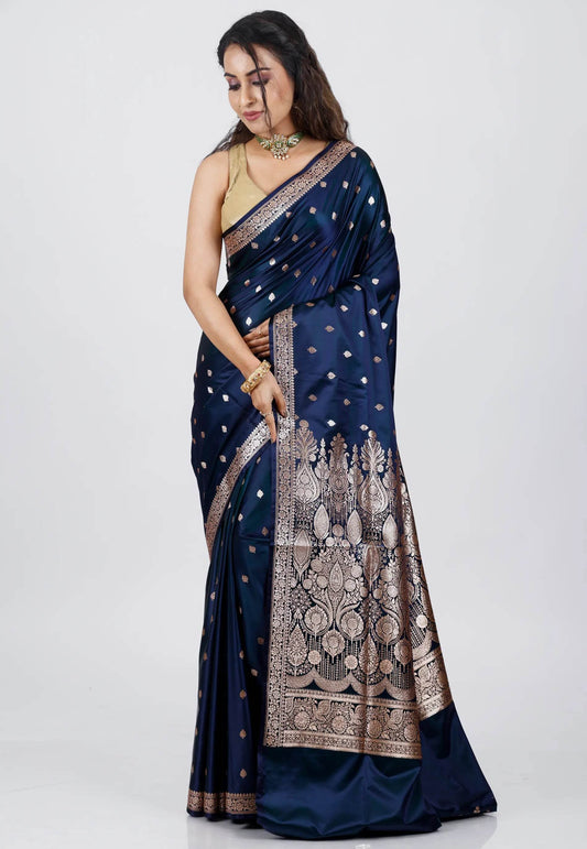 Navy Blue Wedding Banarasi Silk Saree with Blouse Piece - Adi Akshoy & Co.