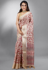 Beige Tussar Silk Saree with Blouse Piece - Adi Akshoy & Co.