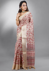 Beige Tussar Silk Saree with Blouse Piece - Adi Akshoy & Co.