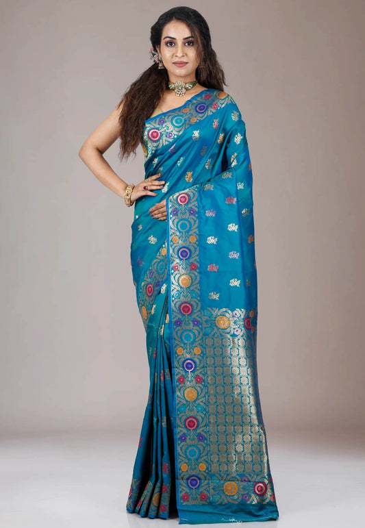 Peacock Blue Kanjivaram Silk Saree With Blouse Piece - Adi Akshoy & Co.