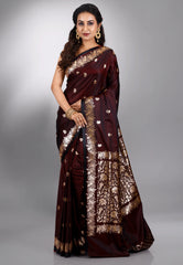 Dark Maroon Wedding Banarasi Silk Saree with Blouse Piece