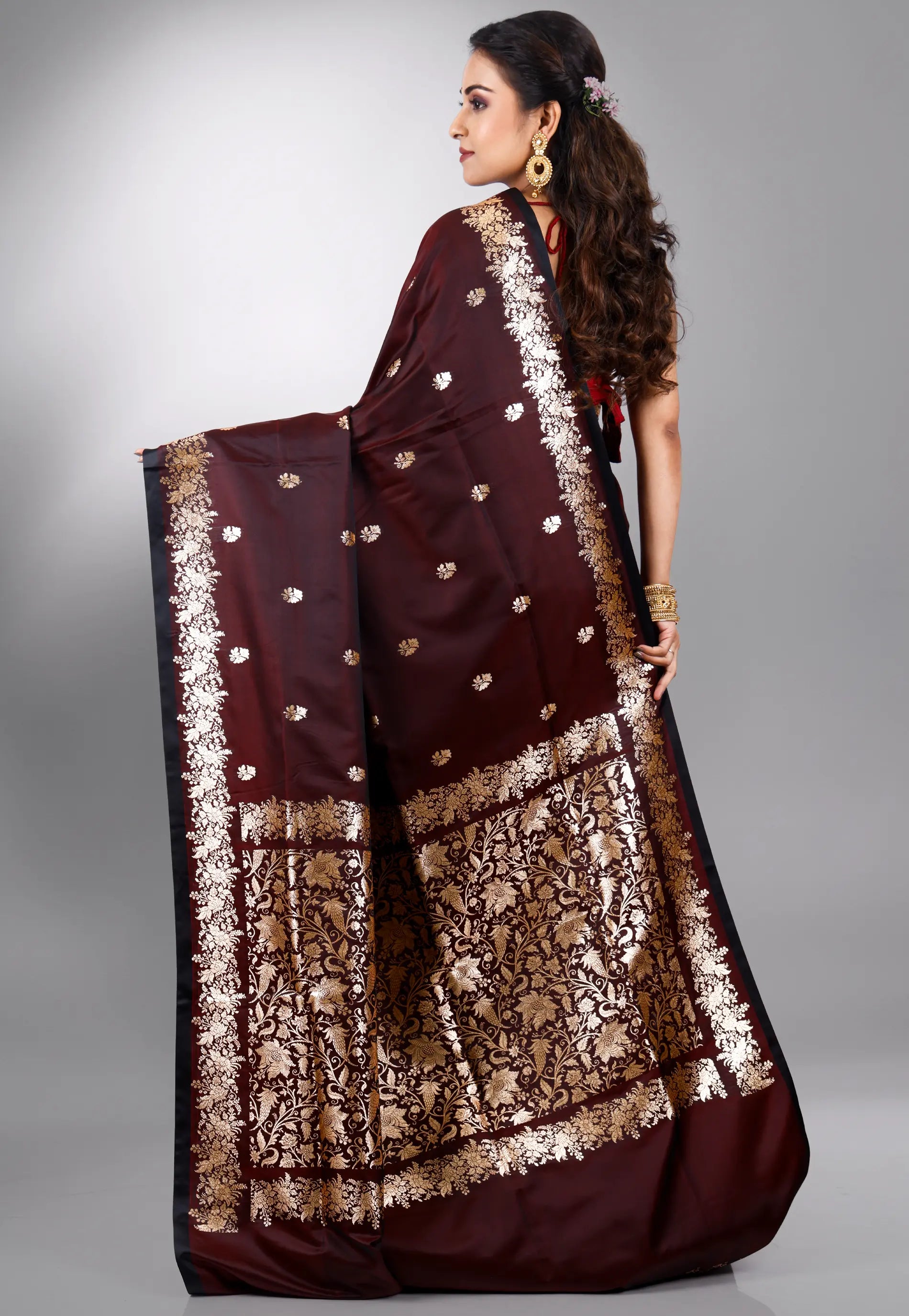 Dark Maroon Wedding Banarasi Silk Saree with Blouse Piece