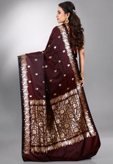 Dark Maroon Wedding Banarasi Silk Saree with Blouse Piece