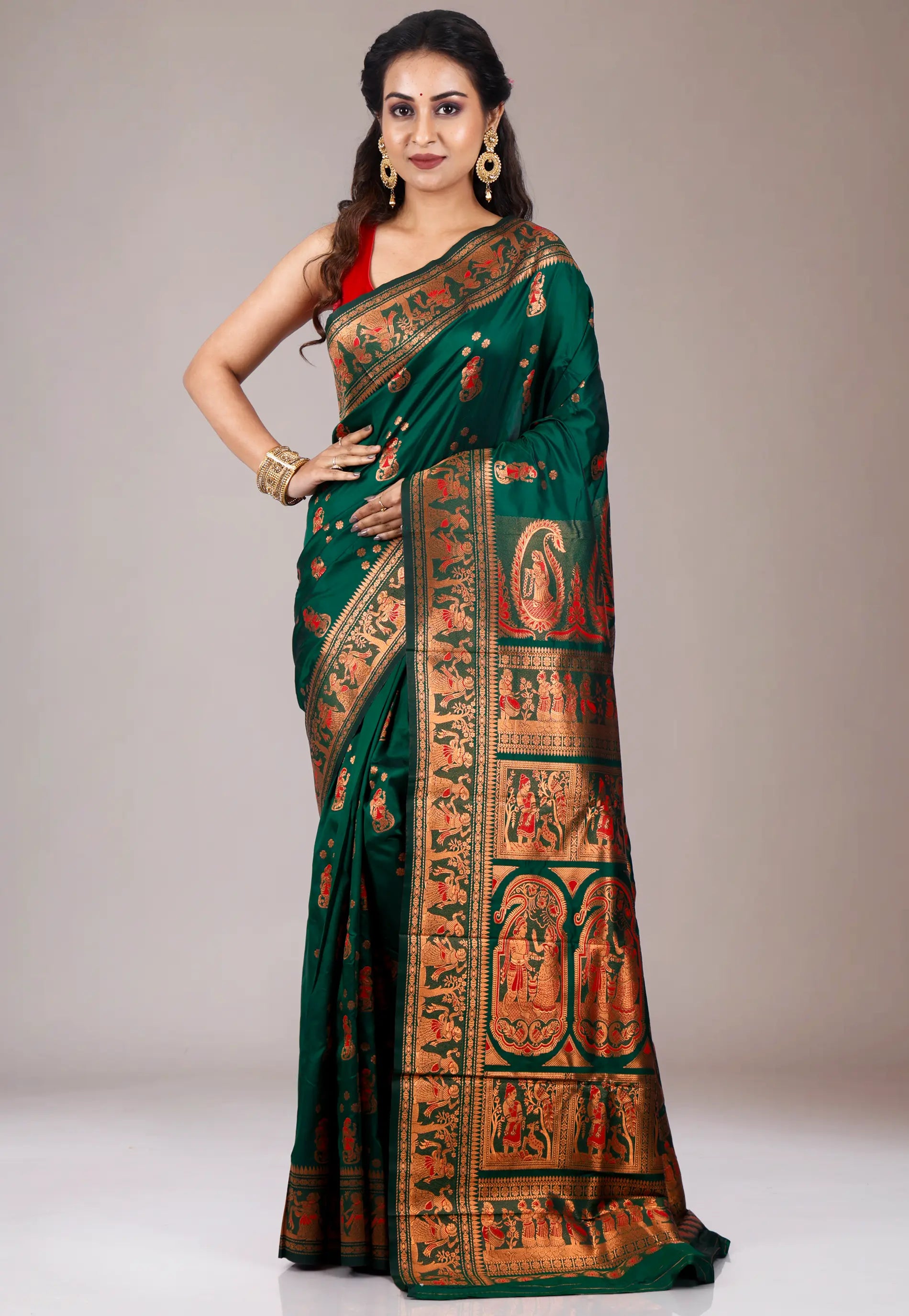 Bottle Green Baluchari Silk Saree with Blouse Piece